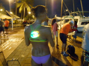 Right before the Reto Acapulco swim start.  That is a light on my back so the boat can see me. 